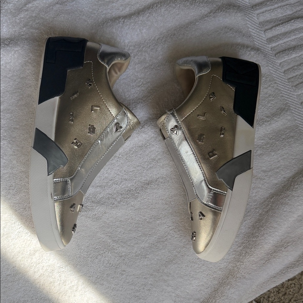 Karl Lagerfeld Silver Metallic Slip-On Sneakers with Embellished Lettering